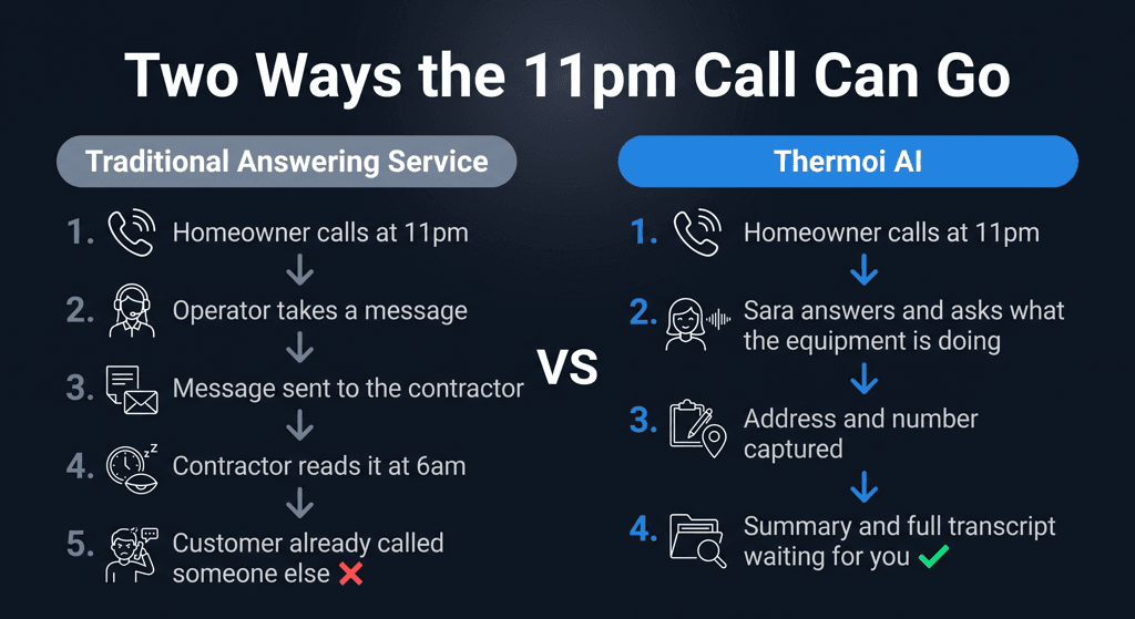 Two ways an 11pm call can go: a traditional answering service leaves a message the contractor reads in the morning, while Sara answers, captures the address and number, and leaves a summary and full transcript