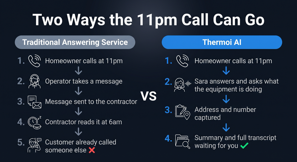 Two ways an 11pm call can go: a traditional answering service leaves a message the contractor reads in the morning, while Sara answers, captures the address and number, and leaves a summary and full transcript